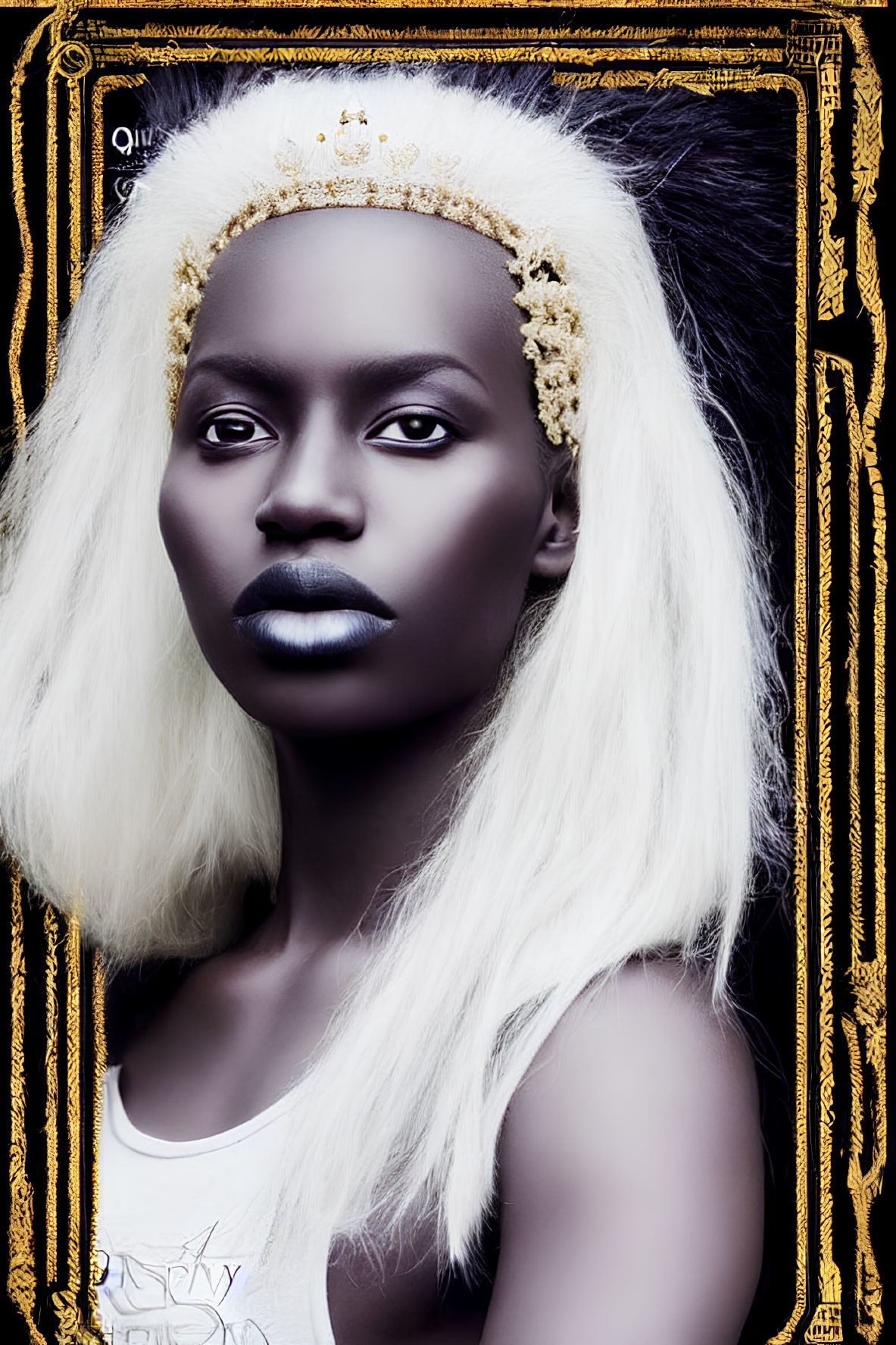 Portrait of person with dark skin, white hair, and gold headpiece against ornate golden pattern