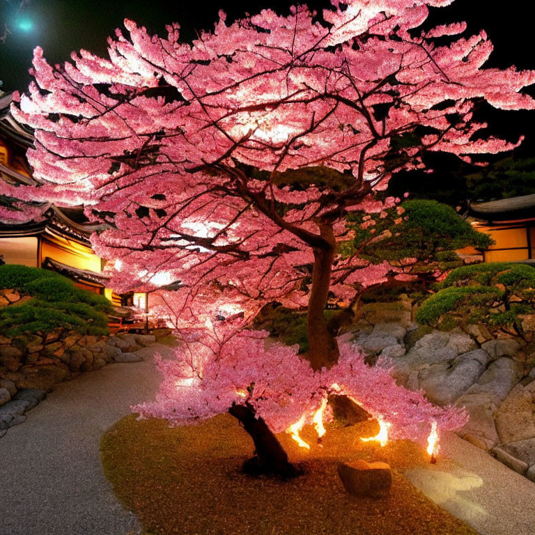 Nighttime scene with illuminated cherry blossom tree, Japanese building, and stone path