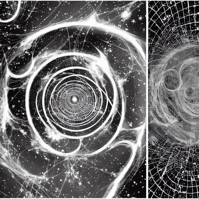 Monochrome fractal patterns of spider webs and galaxies.