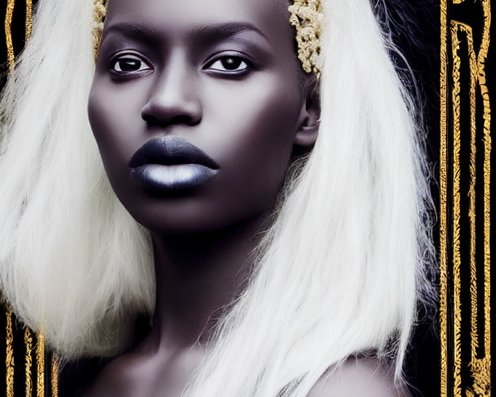 Portrait of person with dark skin, white hair, and gold headpiece against ornate golden pattern