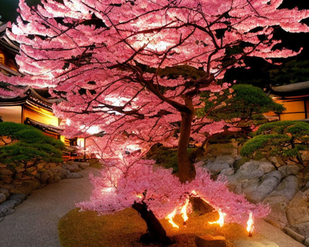 Nighttime scene with illuminated cherry blossom tree, Japanese building, and stone path