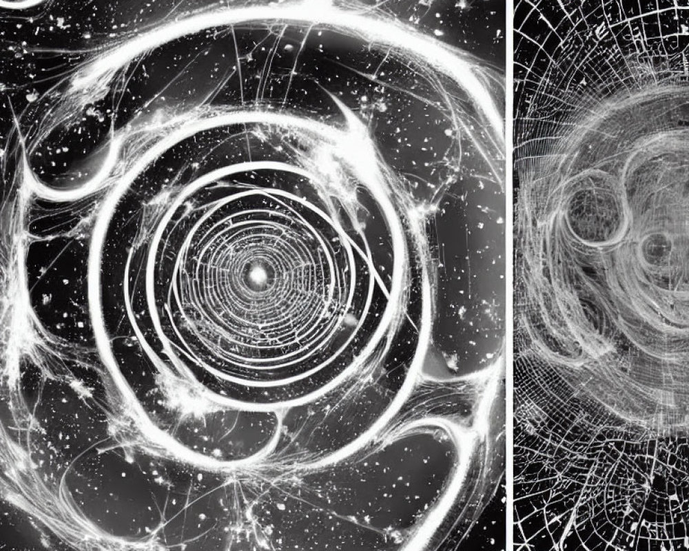 Monochrome fractal patterns of spider webs and galaxies.