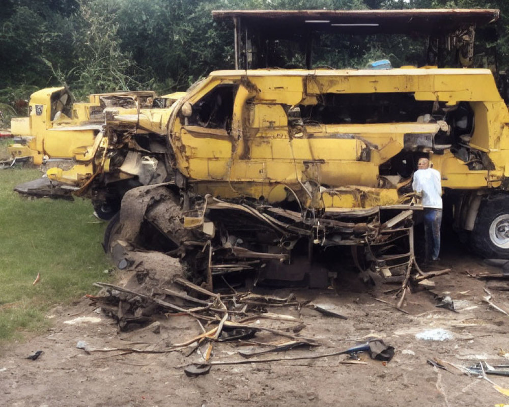 Severely damaged yellow vehicle with person standing beside it among debris and trees