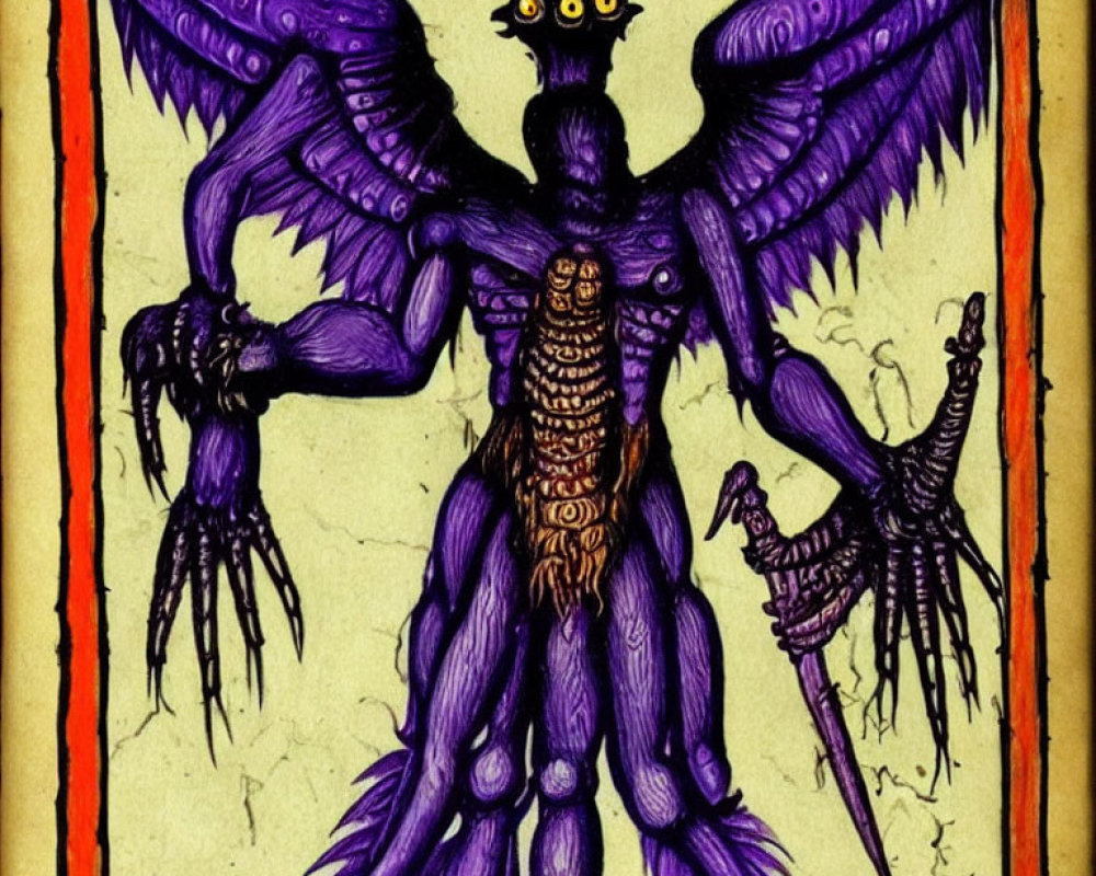 Mythical creature with purple wings, multiple limbs, claw-like hands, segmented body, and glowing