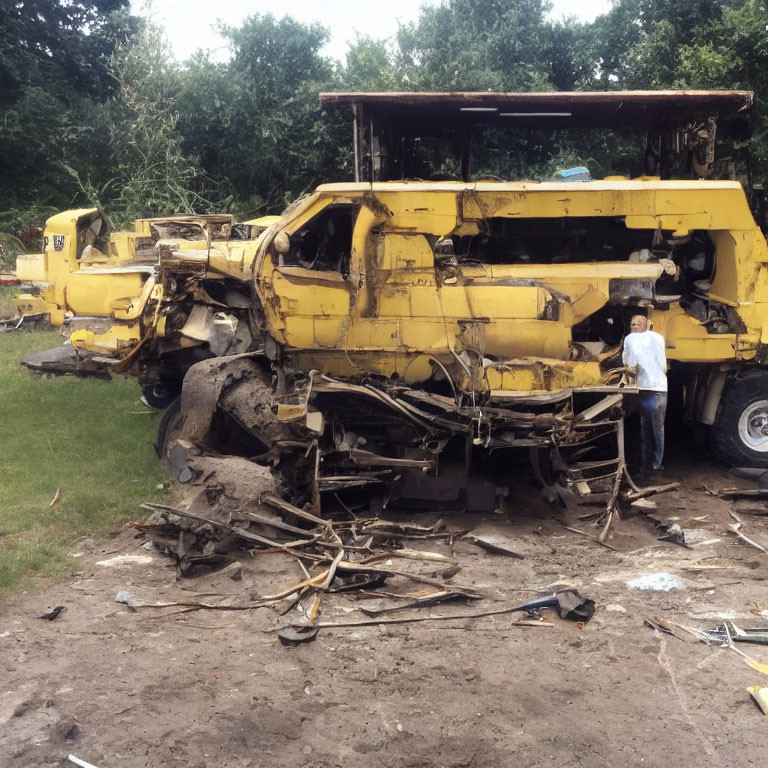 Severely damaged yellow vehicle with person standing beside it among debris and trees