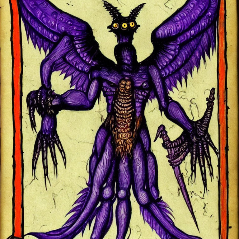 Mythical creature with purple wings, multiple limbs, claw-like hands, segmented body, and glowing