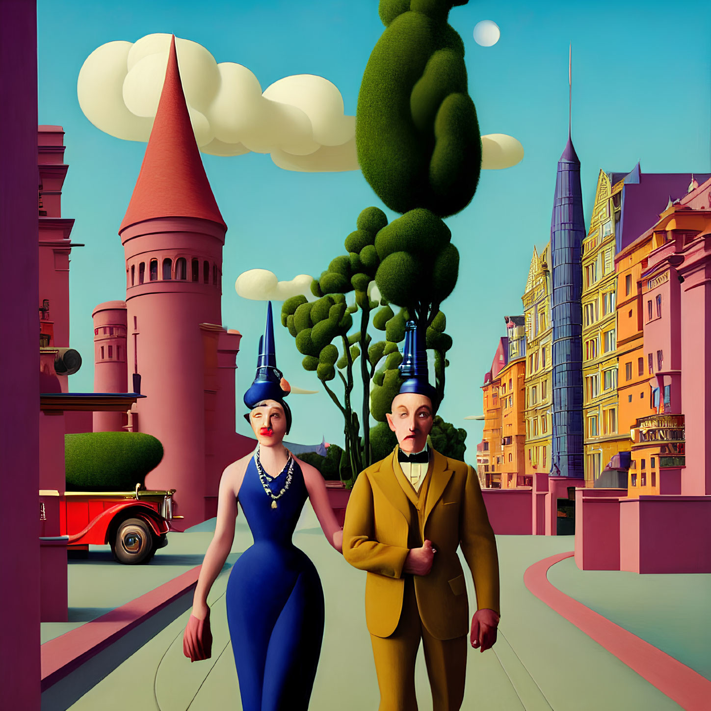 Stylized image of man and woman with smokestack hats, cityscape, vintage car