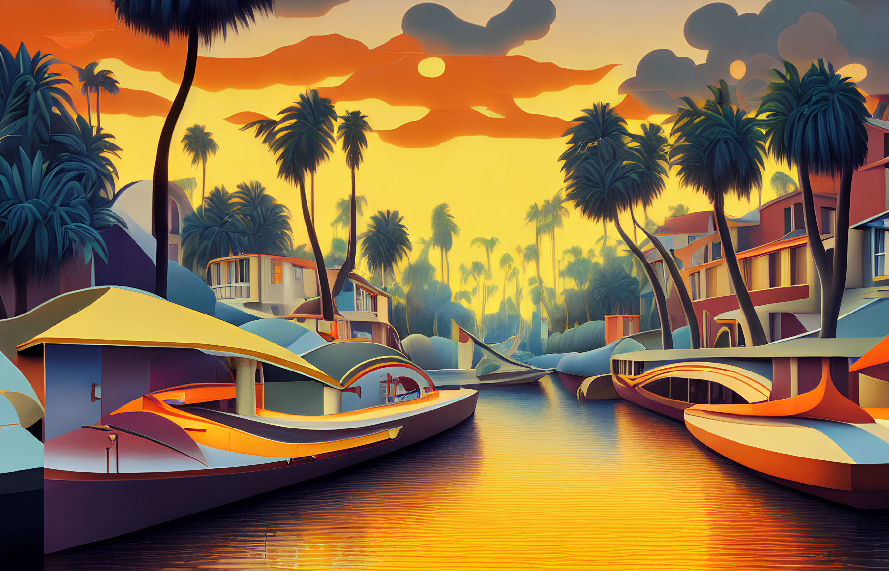 Digital artwork of serene canal with boats, palm trees, colorful houses, sunset sky