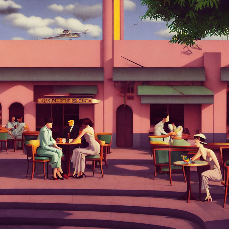 1930s-era café with pastel pink walls and outdoor dining patrons under clear sky