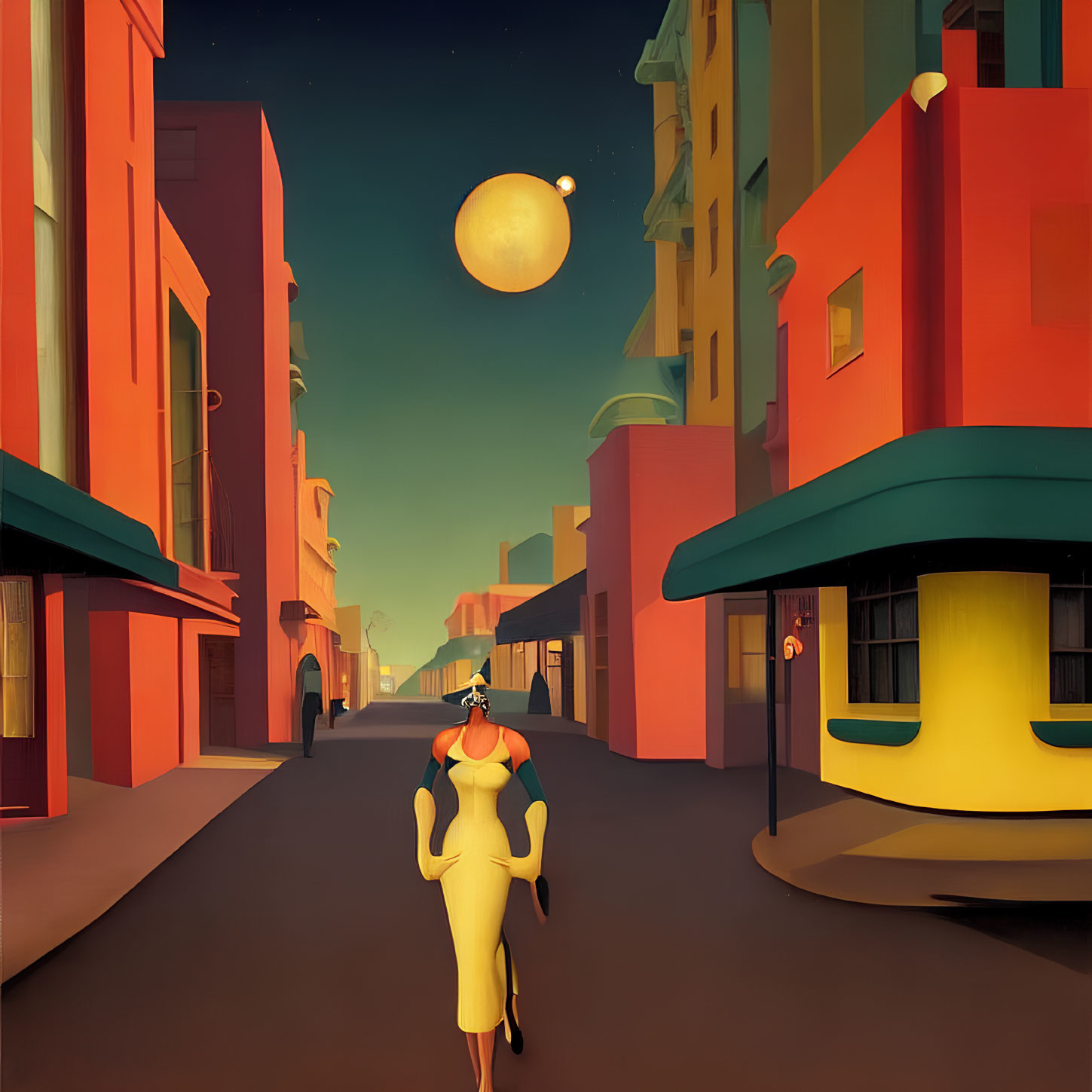 Stylized image of woman in retro-futuristic cityscape