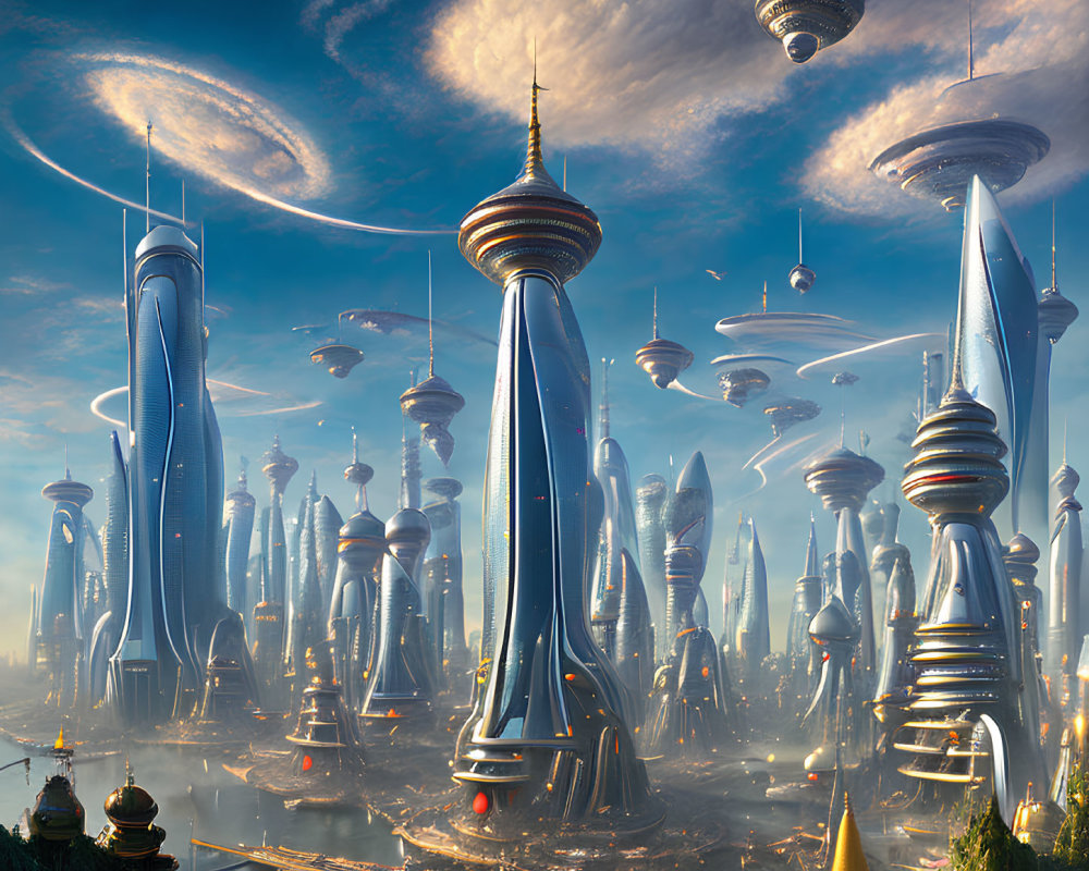 Futuristic cityscape with towering spires and floating structures