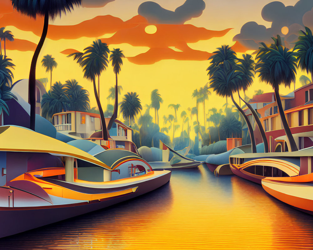 Digital artwork of serene canal with boats, palm trees, colorful houses, sunset sky