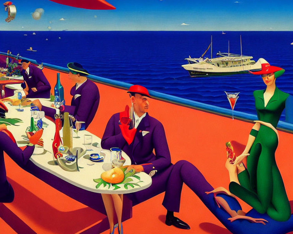 Vibrant surreal painting: elegantly dressed figures on seafront patio with exaggerated proportions.