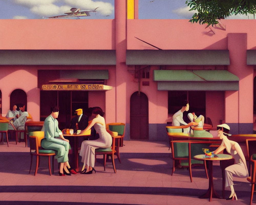 1930s-era café with pastel pink walls and outdoor dining patrons under clear sky