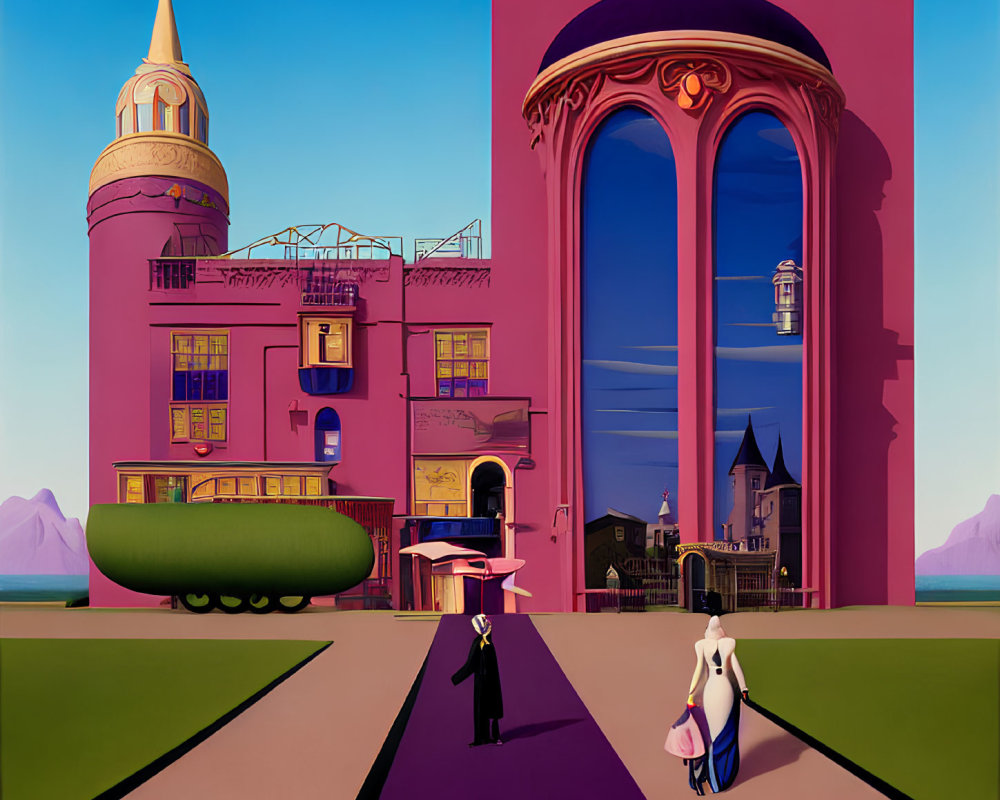 Illustration of two characters near pink building in surreal landscape