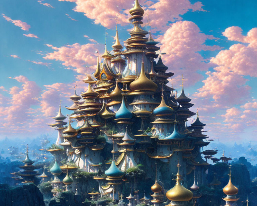 Fantastical multi-tiered palace on cliffs with golden spires