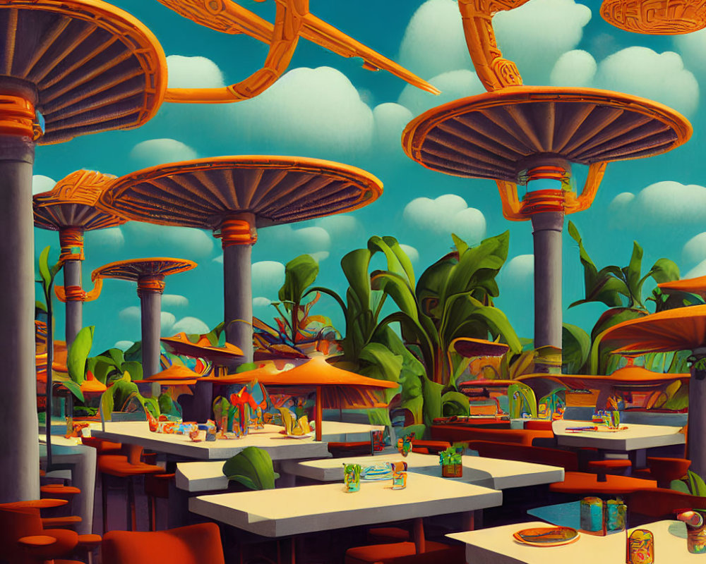 Colorful surreal diner with mushroom structures & tropical plants in retro-futuristic setting