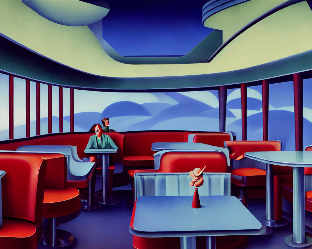 Stylized painting of woman in retro diner with large windows and jukebox