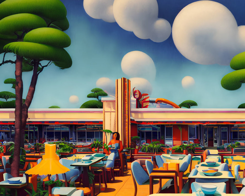 Stylized image: Woman at retro diner patio with surreal nature scenery