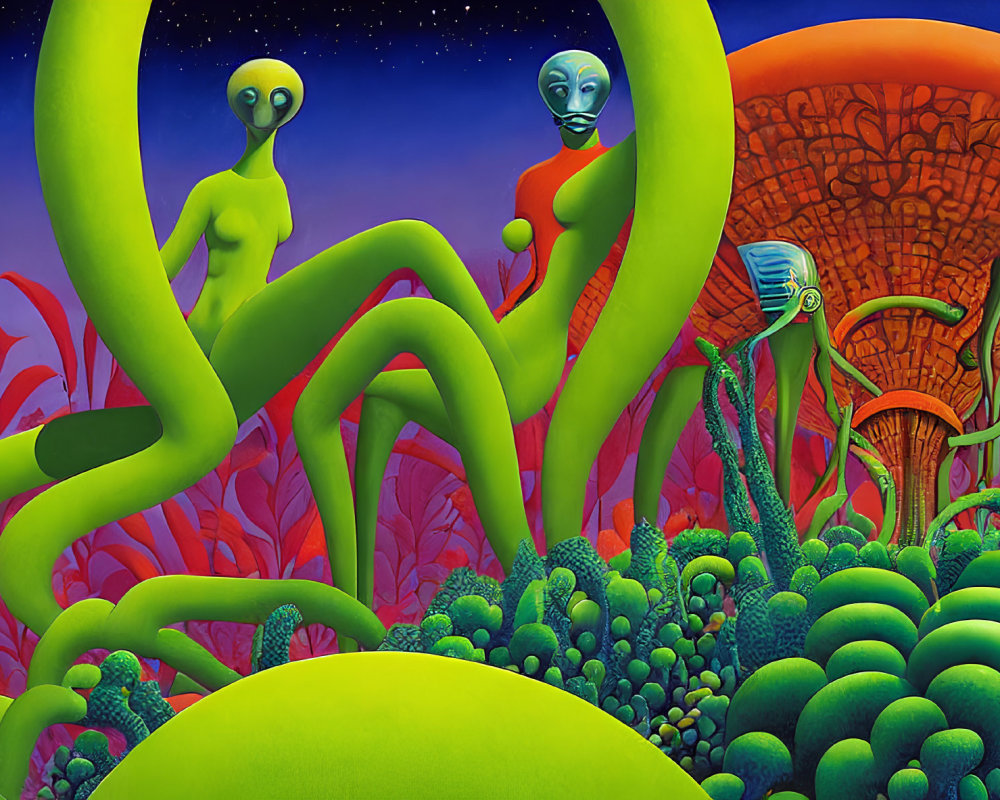 Surreal alien landscape with humanoid figures, vibrant flora, mushroom-like structure, and gradient sky.