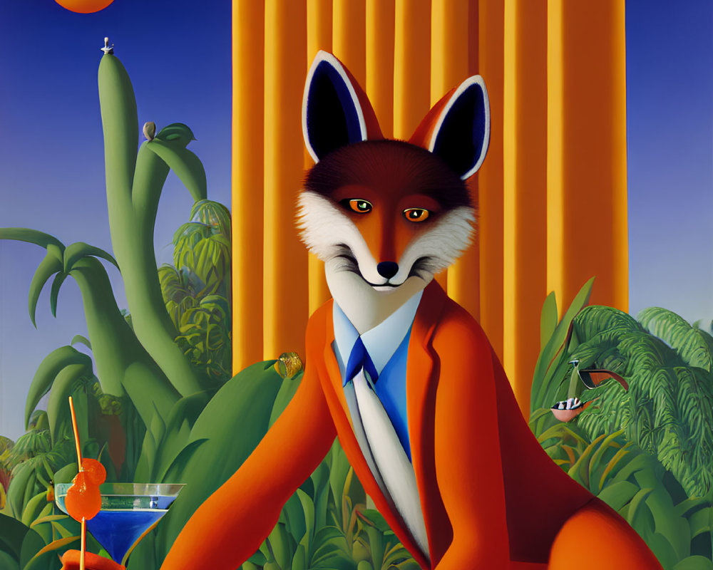 Anthropomorphic fox in suit with cocktail in surreal setting