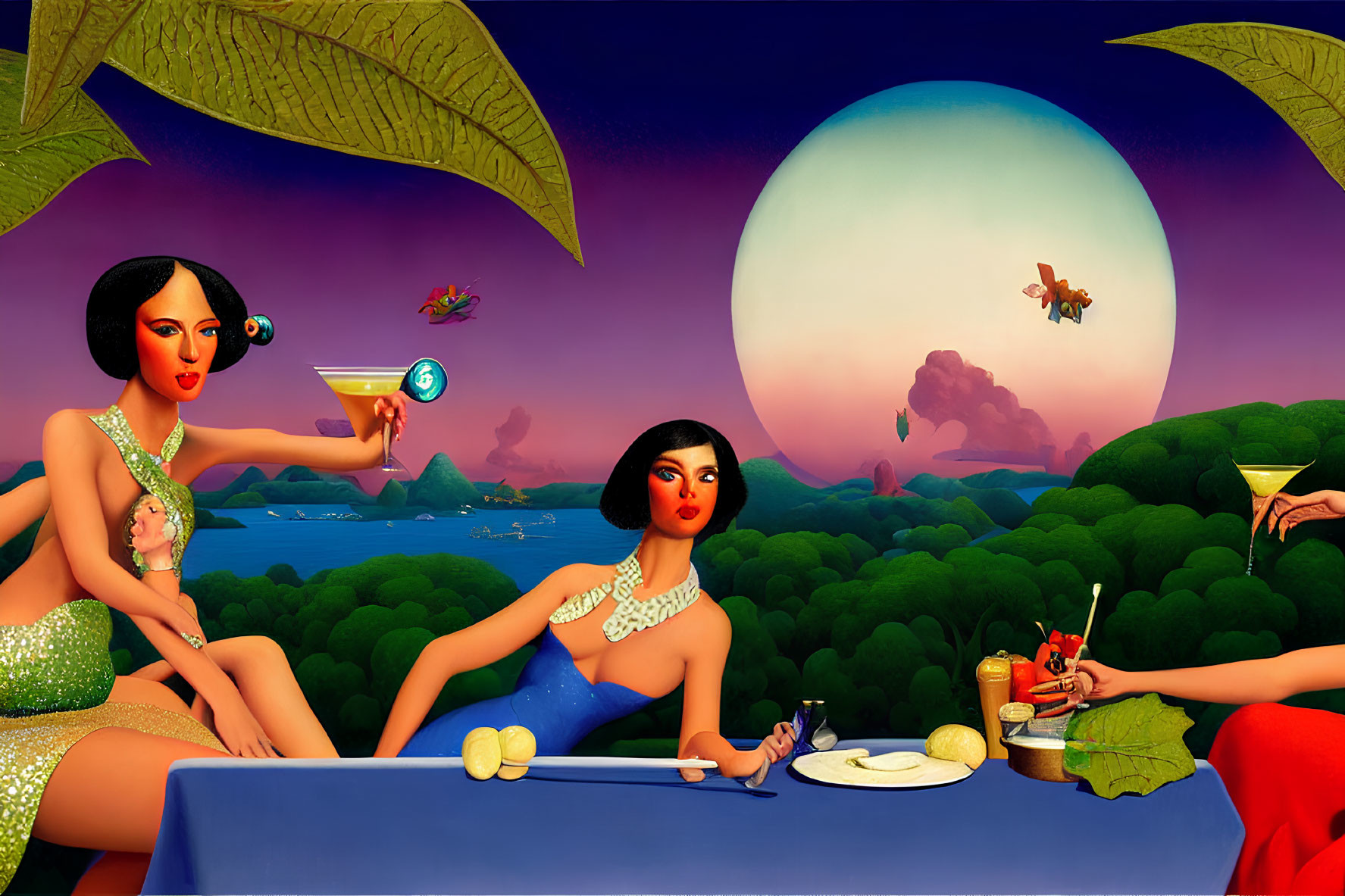 Surreal illustration of two women in glamorous outfits at tropical bar