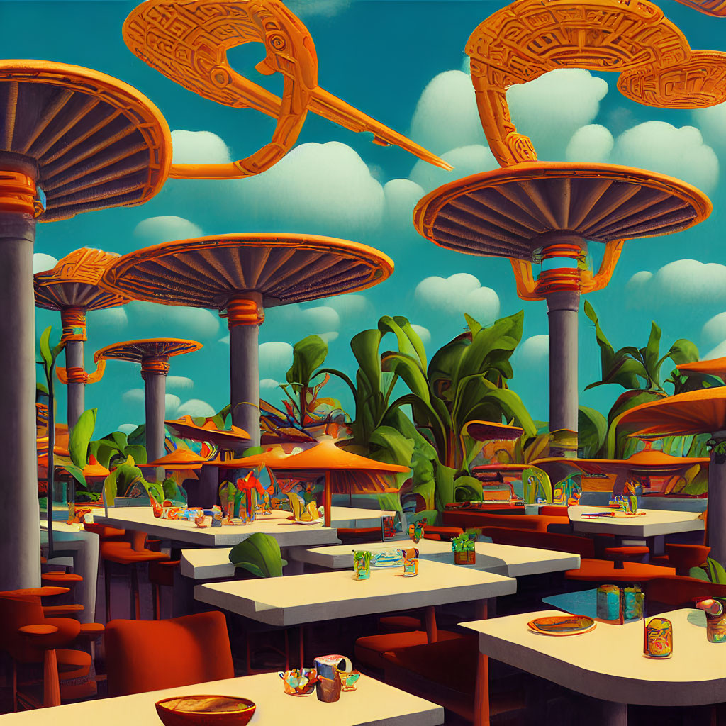 Colorful surreal diner with mushroom structures & tropical plants in retro-futuristic setting