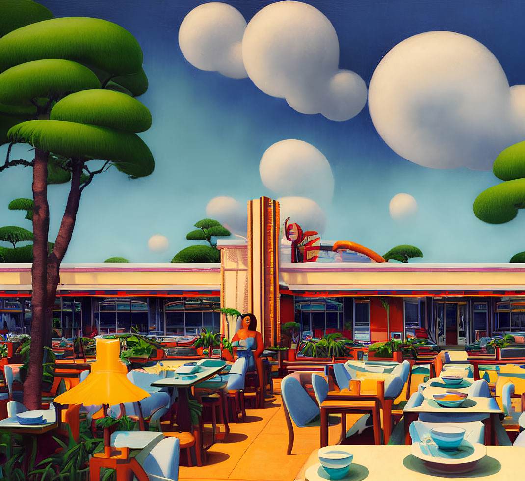 Stylized image: Woman at retro diner patio with surreal nature scenery