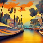 Digital artwork of serene canal with boats, palm trees, colorful houses, sunset sky