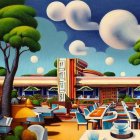 Stylized image: Woman at retro diner patio with surreal nature scenery