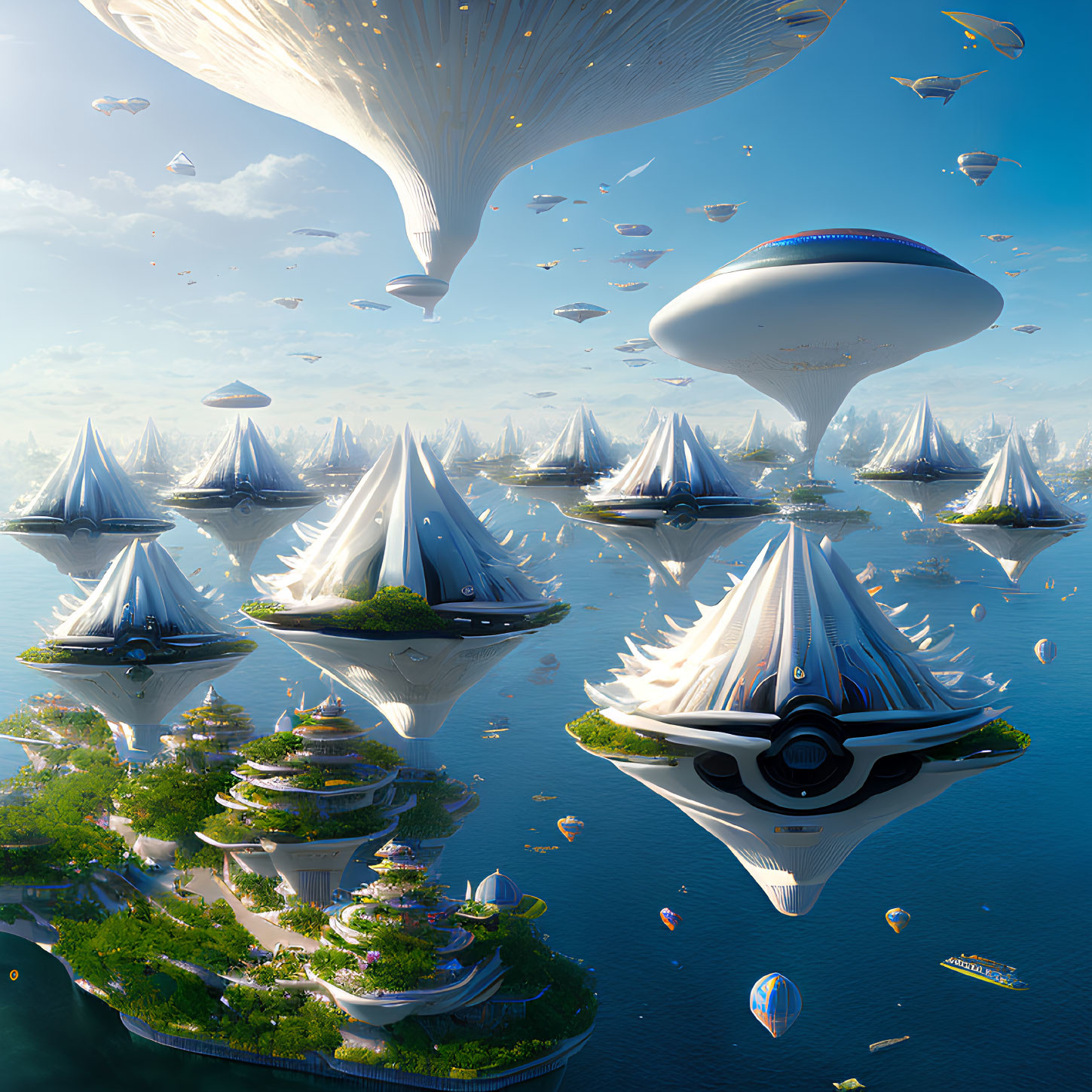 Futuristic City with Floating Structures and Airships