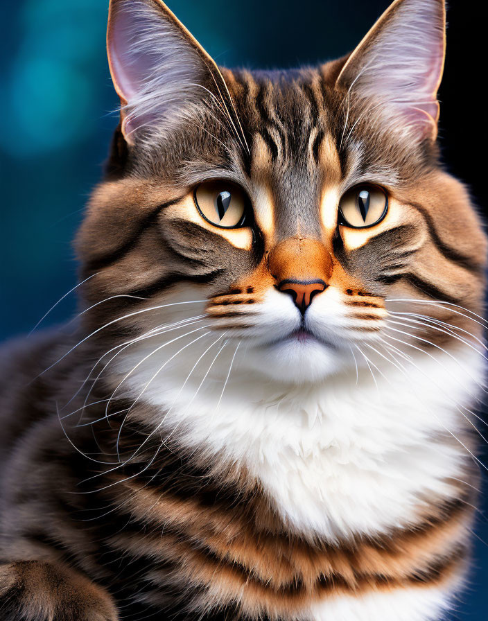 Majestic tabby cat with amber eyes and unique fur markings on blue background