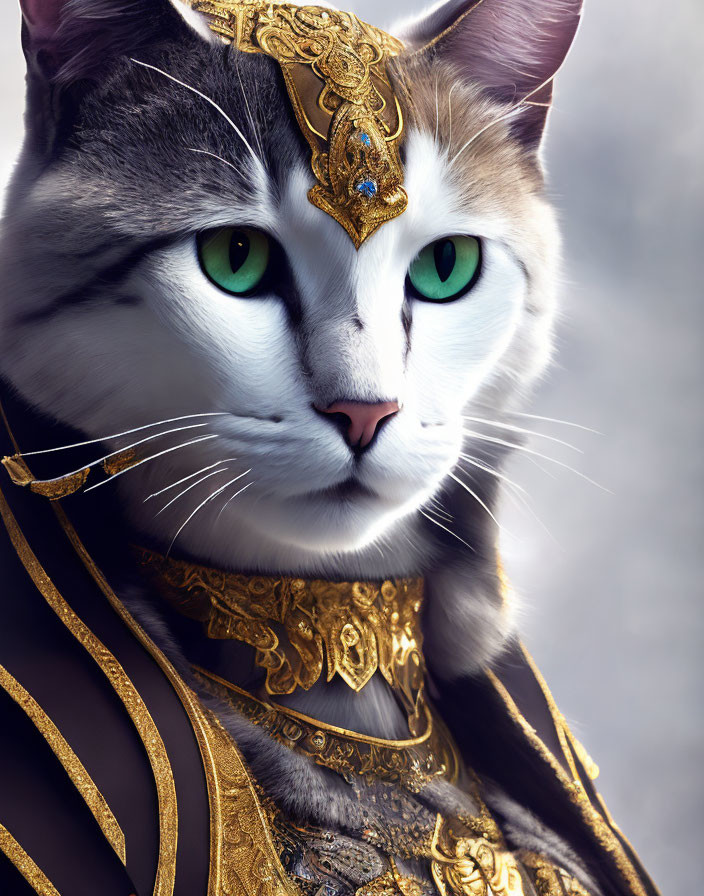 Majestic cat with green eyes in ornate gold headpiece and regal attire