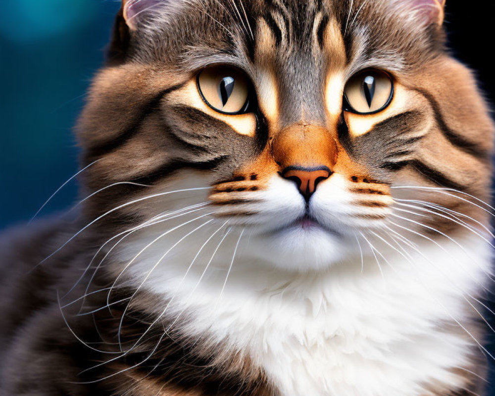 Majestic tabby cat with amber eyes and unique fur markings on blue background