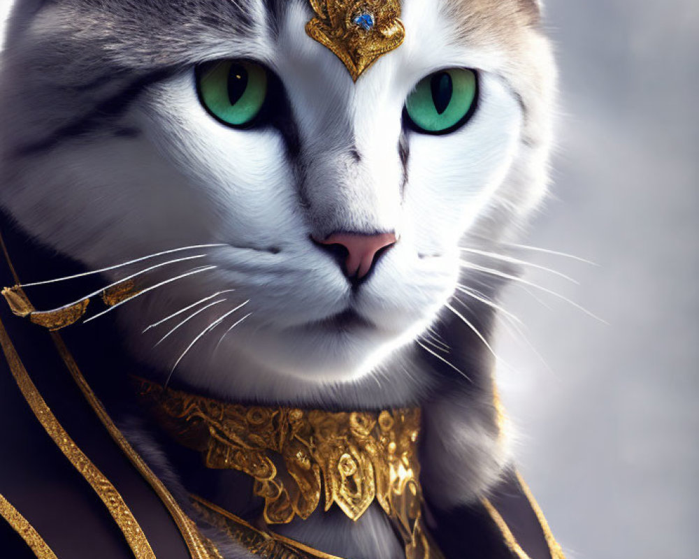 Majestic cat with green eyes in ornate gold headpiece and regal attire