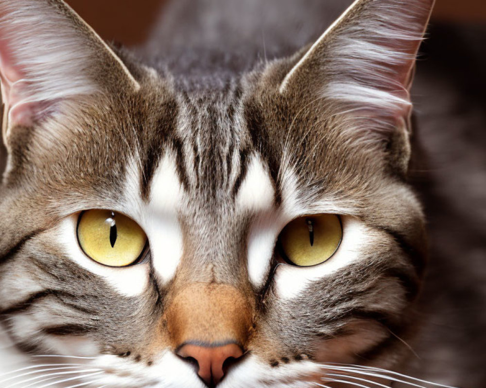 Grey Striped Domestic Cat with Yellow Eyes Close-Up