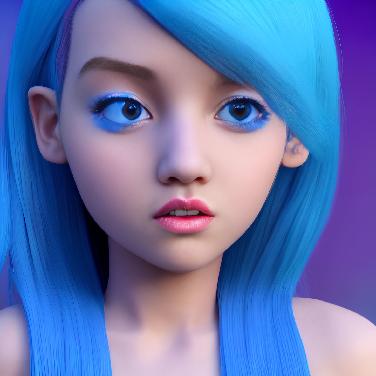 3D-animated character with blue hair and eyes on purple backdrop