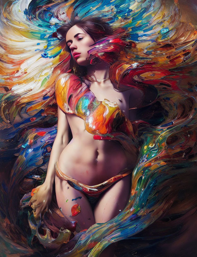 Abstract Art: Woman Blended with Colorful Paint Strokes