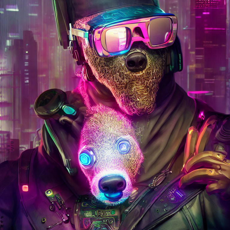 Futuristic stylized image: sloth in neon glasses with opossum