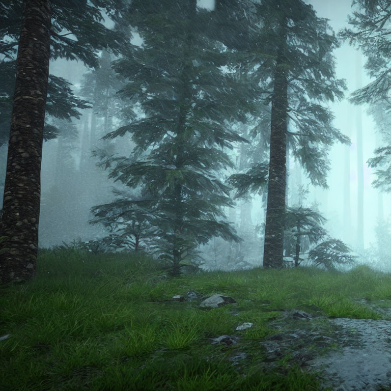 Lush Forest Scene with Tall Trees and Faint Path