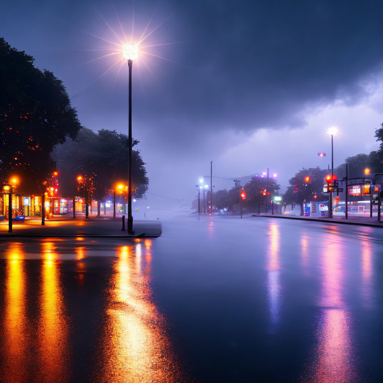 Nighttime wet street with colorful shopfront reflections under misty sky