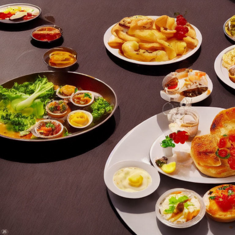 Various Appetizers on White Plates with Sauces and Salads on Dark Table