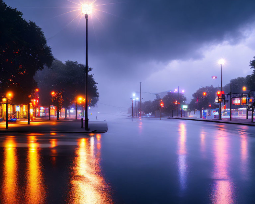 Nighttime wet street with colorful shopfront reflections under misty sky