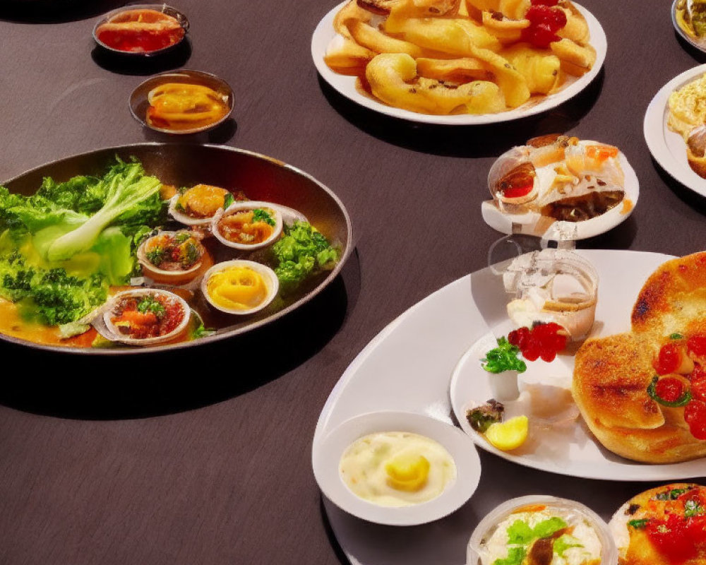 Various Appetizers on White Plates with Sauces and Salads on Dark Table