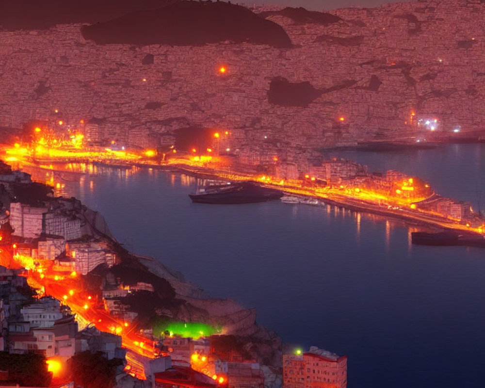 Coastal city at twilight: illuminated streets, buildings, mountains, water reflections