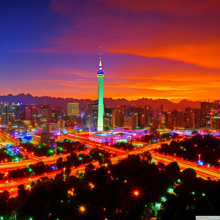 Sunset cityscape with illuminated streets and prominent tower in fiery orange sky