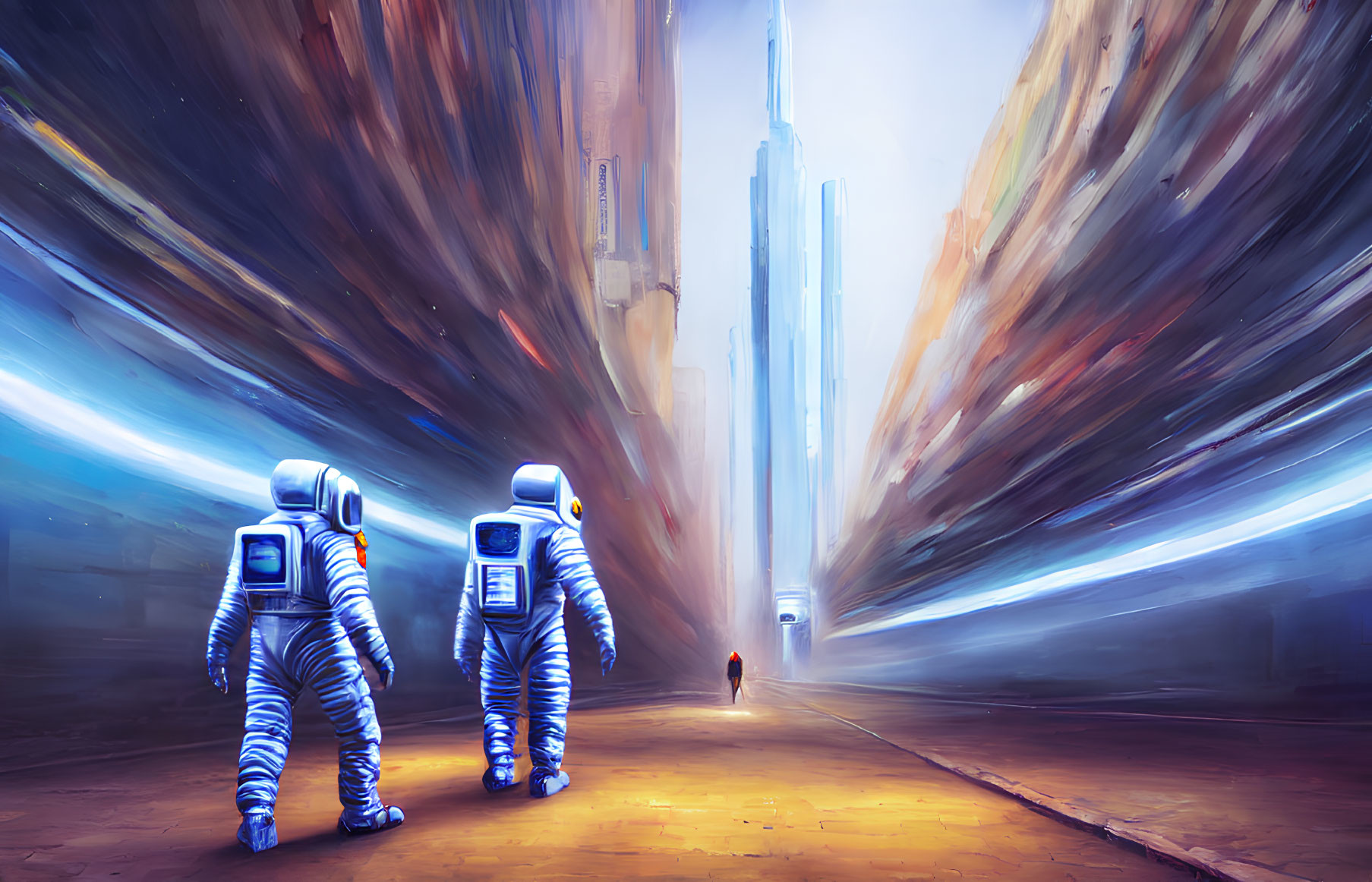 Astronauts in spacesuits approaching futuristic city with towering spire