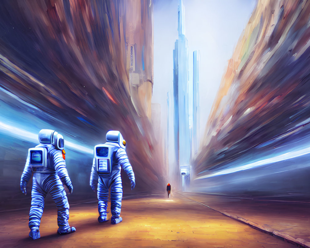 Astronauts in spacesuits approaching futuristic city with towering spire