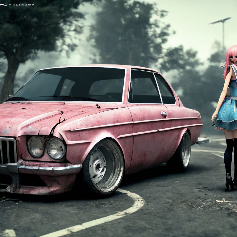 Pink-haired anime-style girl next to vintage pink BMW in misty scene