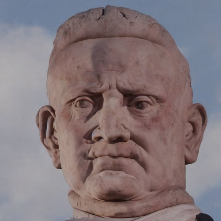 Weathered stone bust with realistic facial features against cloudy sky.